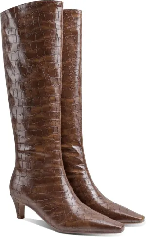MOOMMO Women Kitten Heel Over Knee High Boots Square Toe Matte Pull On Wide Calf Pleated Low Heel Thigh Boots Stylish Retro Dress Boots Chic Party Comfy 4-11 M US