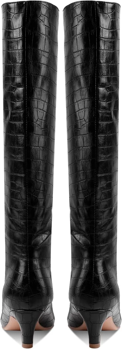 MOOMMO Women Kitten Heel Over Knee High Boots Square Toe Matte Pull On Wide Calf Pleated Low Heel Thigh Boots Stylish Retro Dress Boots Chic Party Comfy 4-11 M US