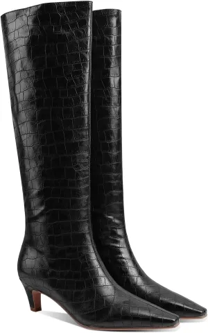 MOOMMO Women Kitten Heel Over Knee High Boots Square Toe Matte Pull On Wide Calf Pleated Low Heel Thigh Boots Stylish Retro Dress Boots Chic Party Comfy 4-11 M US