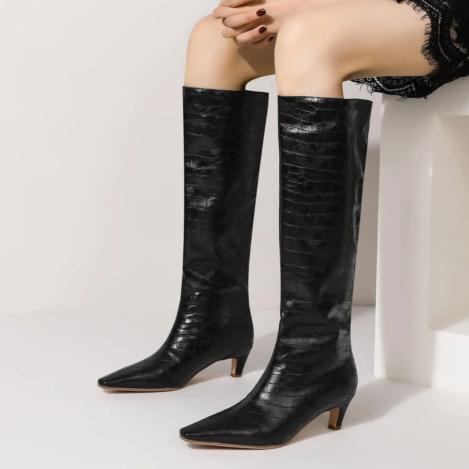 MOOMMO Women Kitten Heel Over Knee High Boots Square Toe Matte Pull On Wide Calf Pleated Low Heel Thigh Boots Stylish Retro Dress Boots Chic Party Comfy 4-11 M US