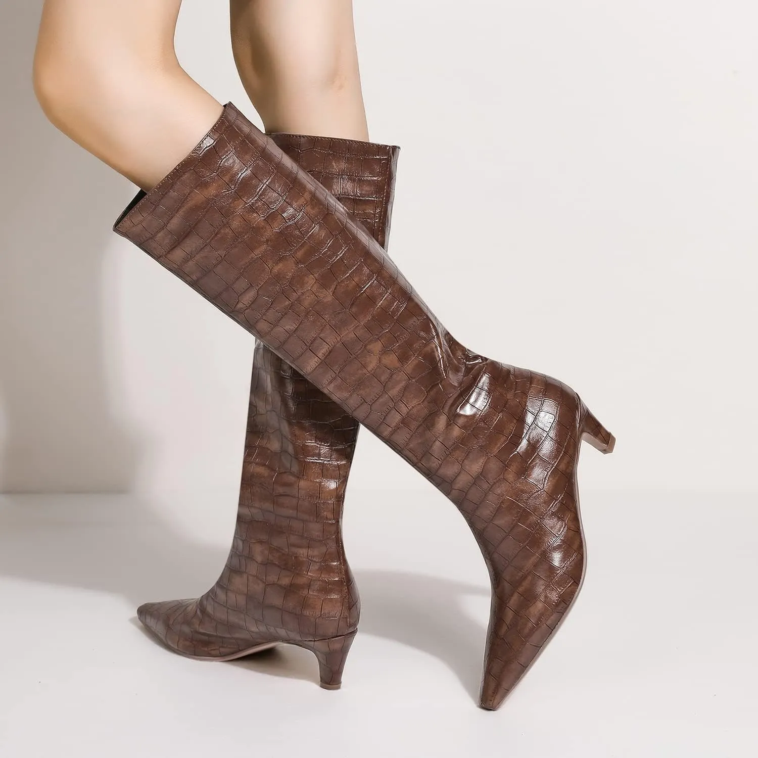 MOOMMO Women Kitten Heel Over Knee High Boots Square Toe Matte Pull On Wide Calf Pleated Low Heel Thigh Boots Stylish Retro Dress Boots Chic Party Comfy 4-11 M US