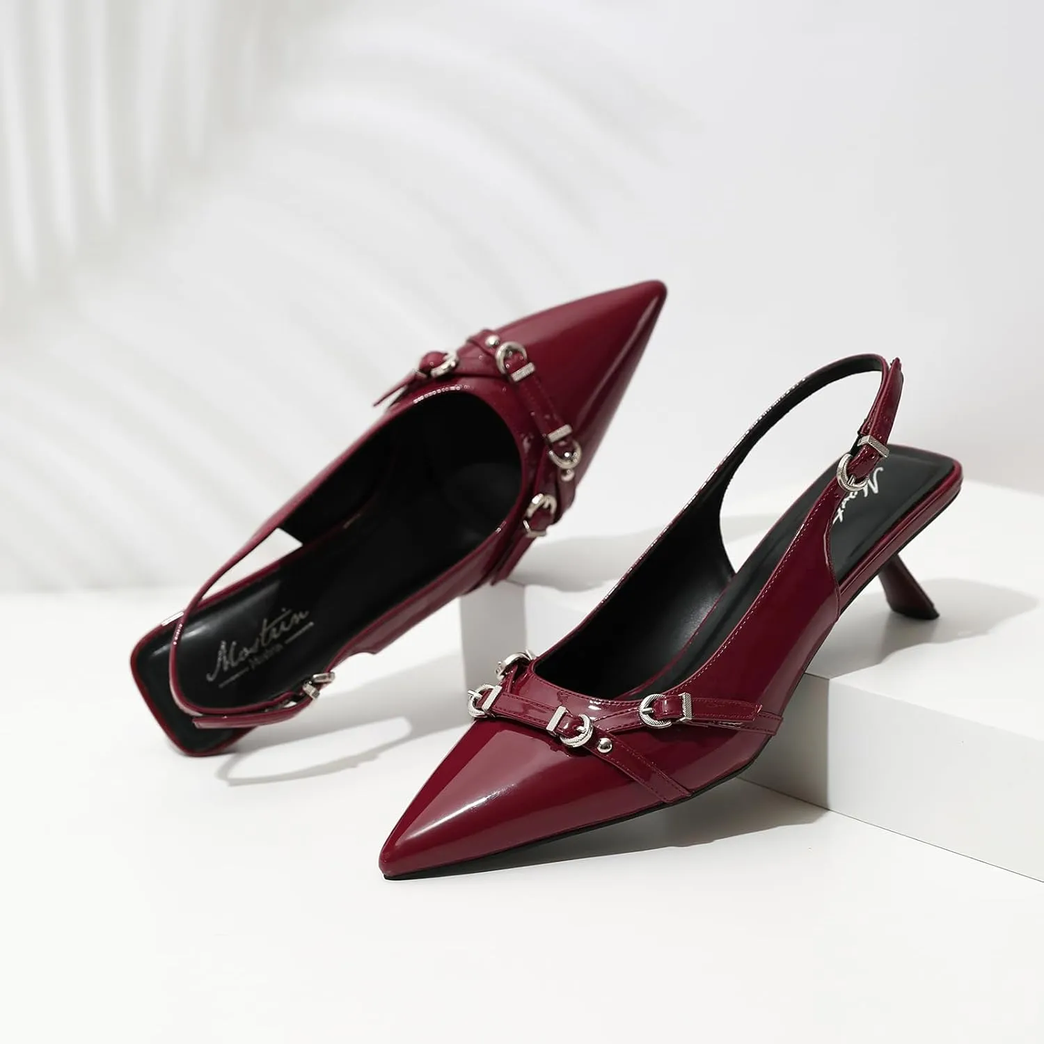 Mostrin Kitten Heels for Women Pointed Toe Pumps Patent Leather Low Heel Slingback Heels with Buckle Dress Shoes for Dating Party Working