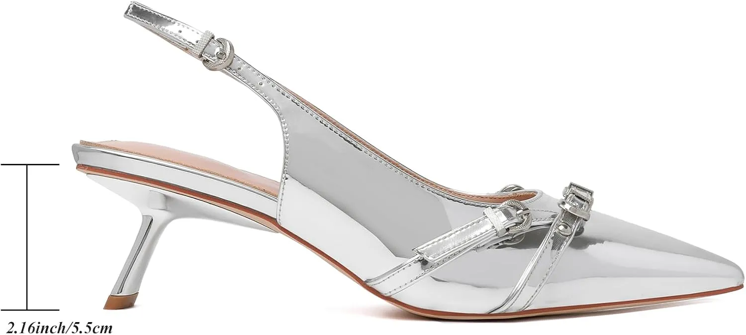 Mostrin Kitten Heels for Women Pointed Toe Pumps Patent Leather Low Heel Slingback Heels with Buckle Dress Shoes for Dating Party Working