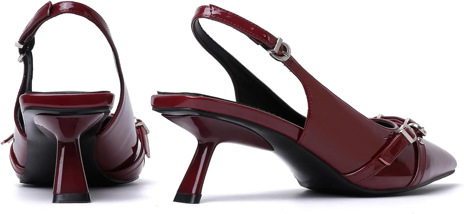 Mostrin Kitten Heels for Women Pointed Toe Pumps Patent Leather Low Heel Slingback Heels with Buckle Dress Shoes for Dating Party Working