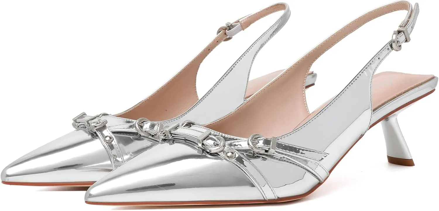 Mostrin Kitten Heels for Women Pointed Toe Pumps Patent Leather Low Heel Slingback Heels with Buckle Dress Shoes for Dating Party Working