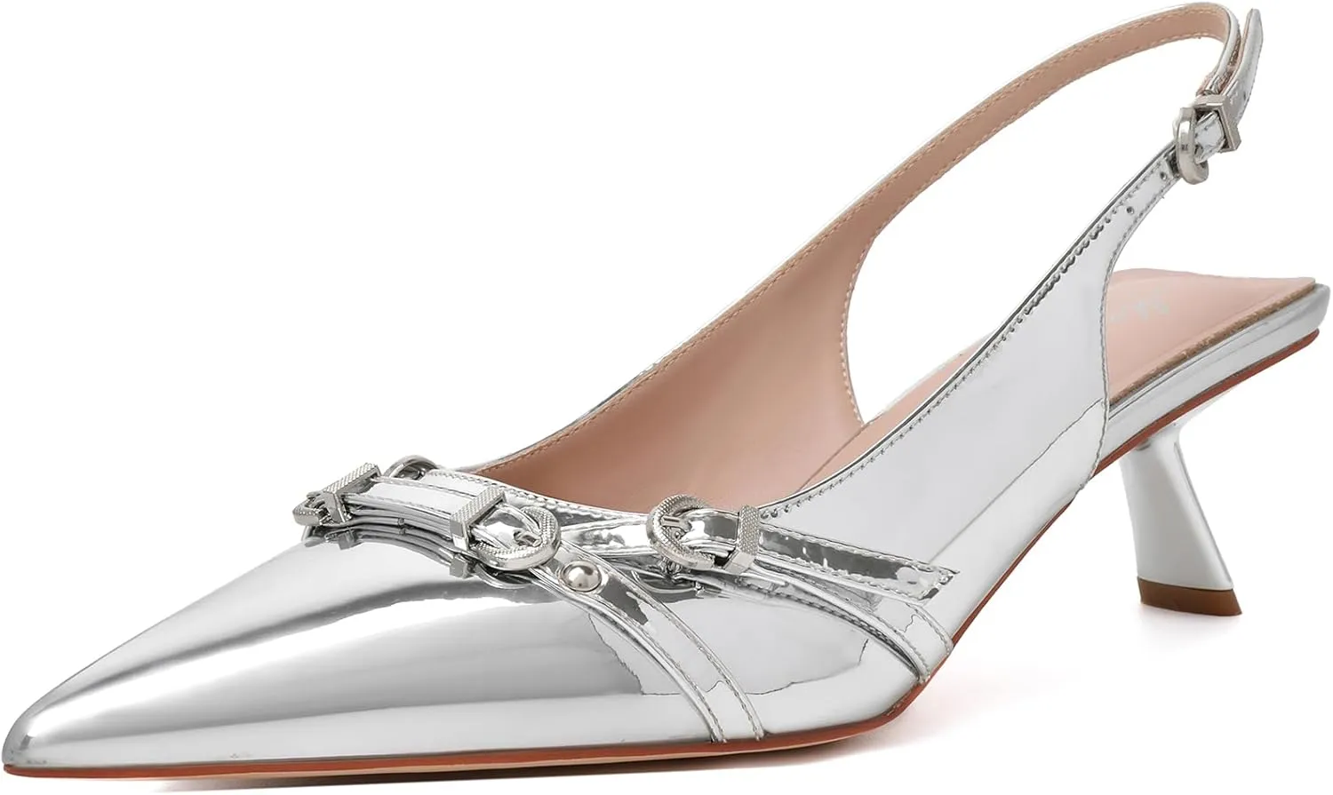 Mostrin Kitten Heels for Women Pointed Toe Pumps Patent Leather Low Heel Slingback Heels with Buckle Dress Shoes for Dating Party Working