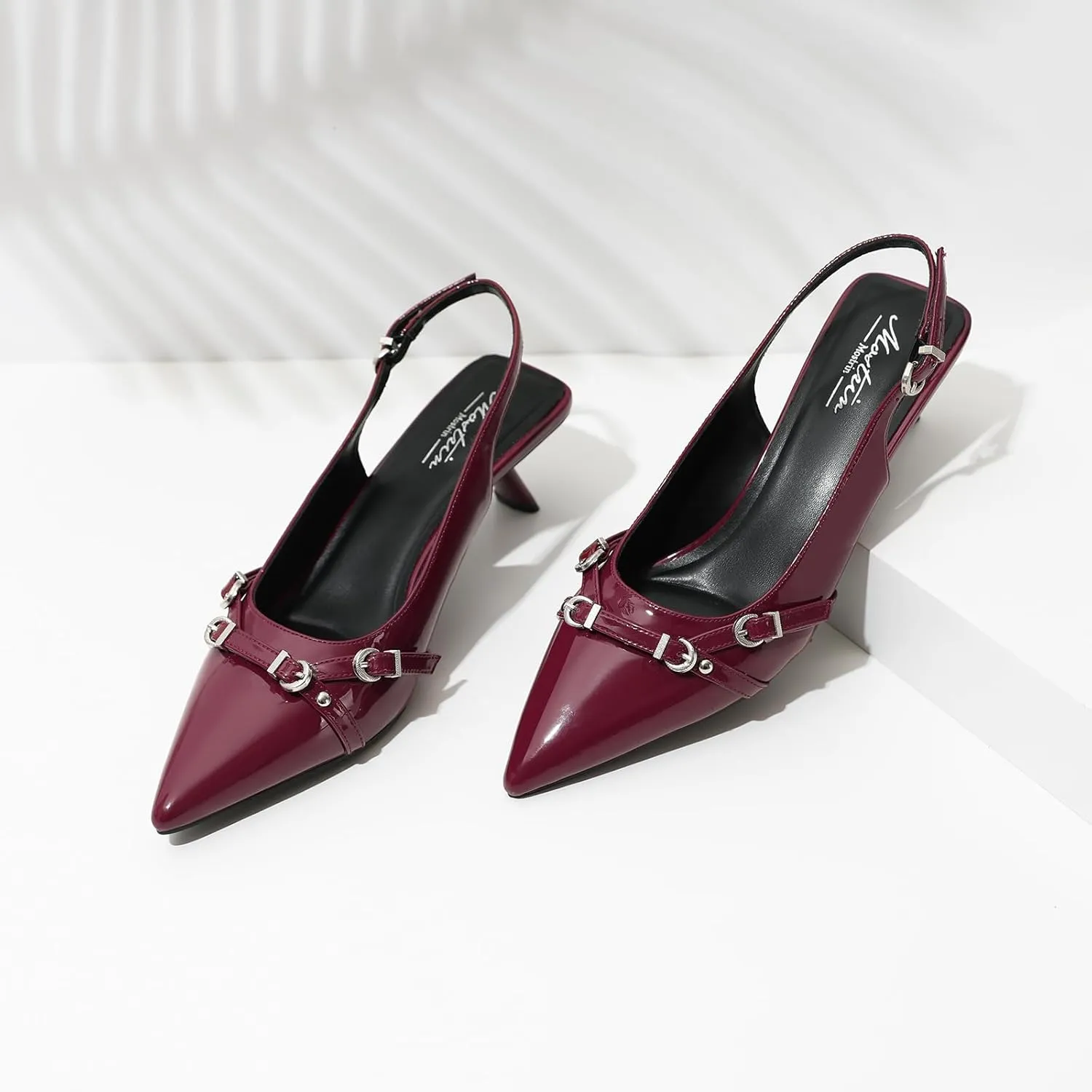 Mostrin Kitten Heels for Women Pointed Toe Pumps Patent Leather Low Heel Slingback Heels with Buckle Dress Shoes for Dating Party Working