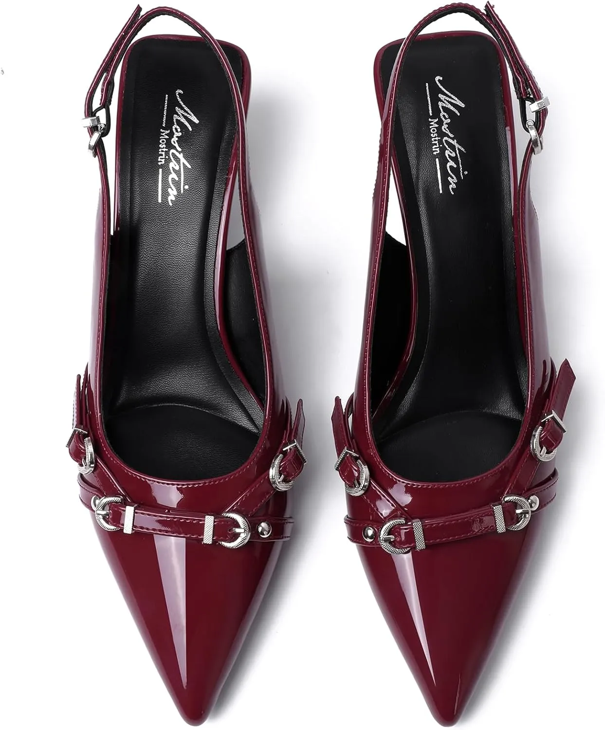 Mostrin Kitten Heels for Women Pointed Toe Pumps Patent Leather Low Heel Slingback Heels with Buckle Dress Shoes for Dating Party Working