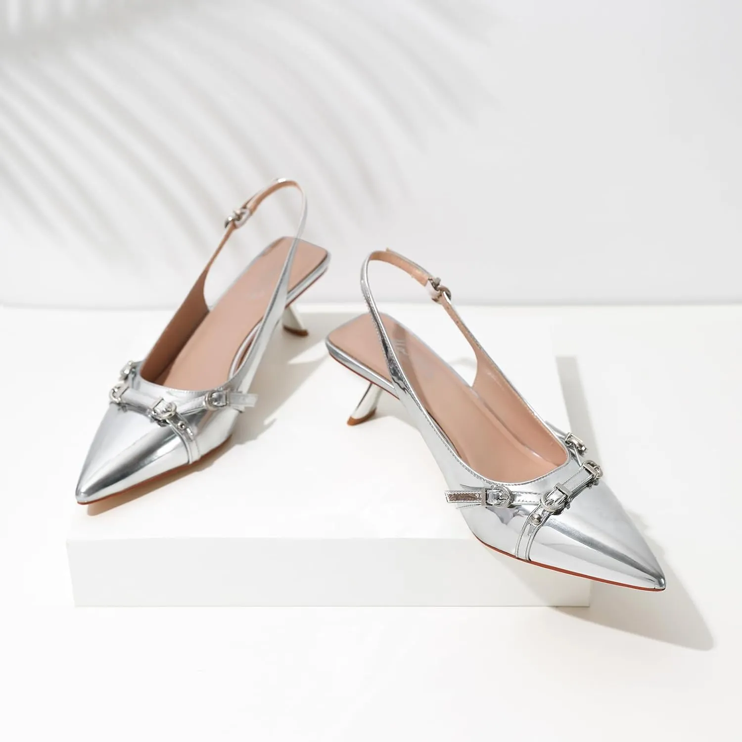 Mostrin Kitten Heels for Women Pointed Toe Pumps Patent Leather Low Heel Slingback Heels with Buckle Dress Shoes for Dating Party Working