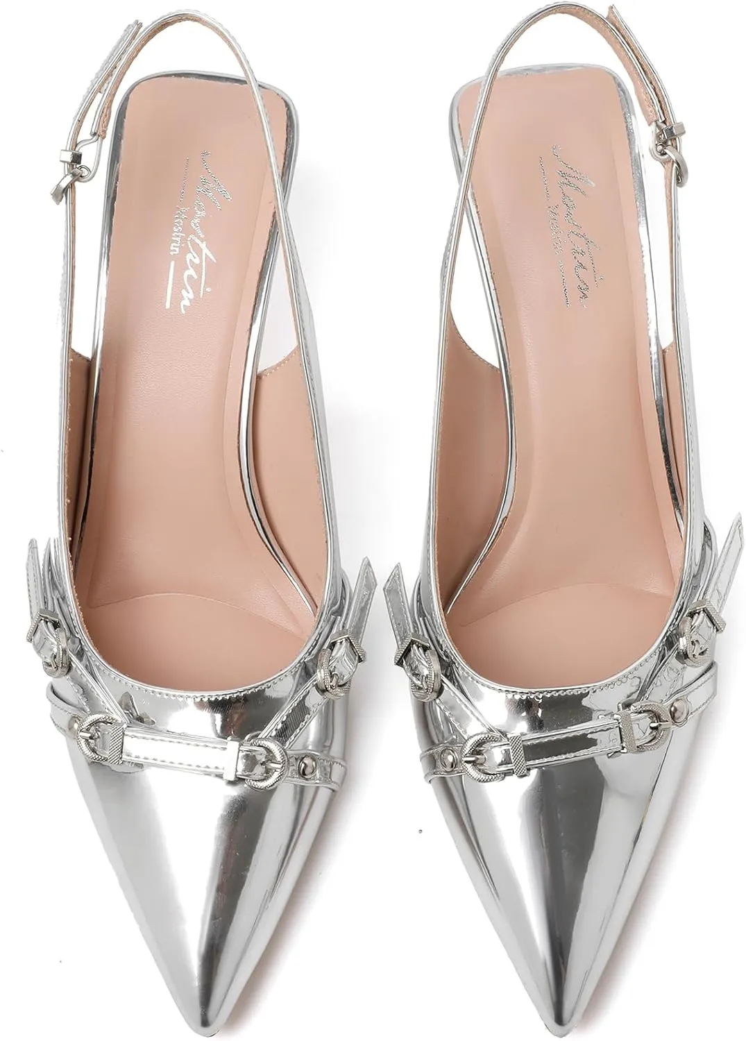 Mostrin Kitten Heels for Women Pointed Toe Pumps Patent Leather Low Heel Slingback Heels with Buckle Dress Shoes for Dating Party Working