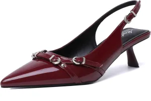 Mostrin Kitten Heels for Women Pointed Toe Pumps Patent Leather Low Heel Slingback Heels with Buckle Dress Shoes for Dating Party Working
