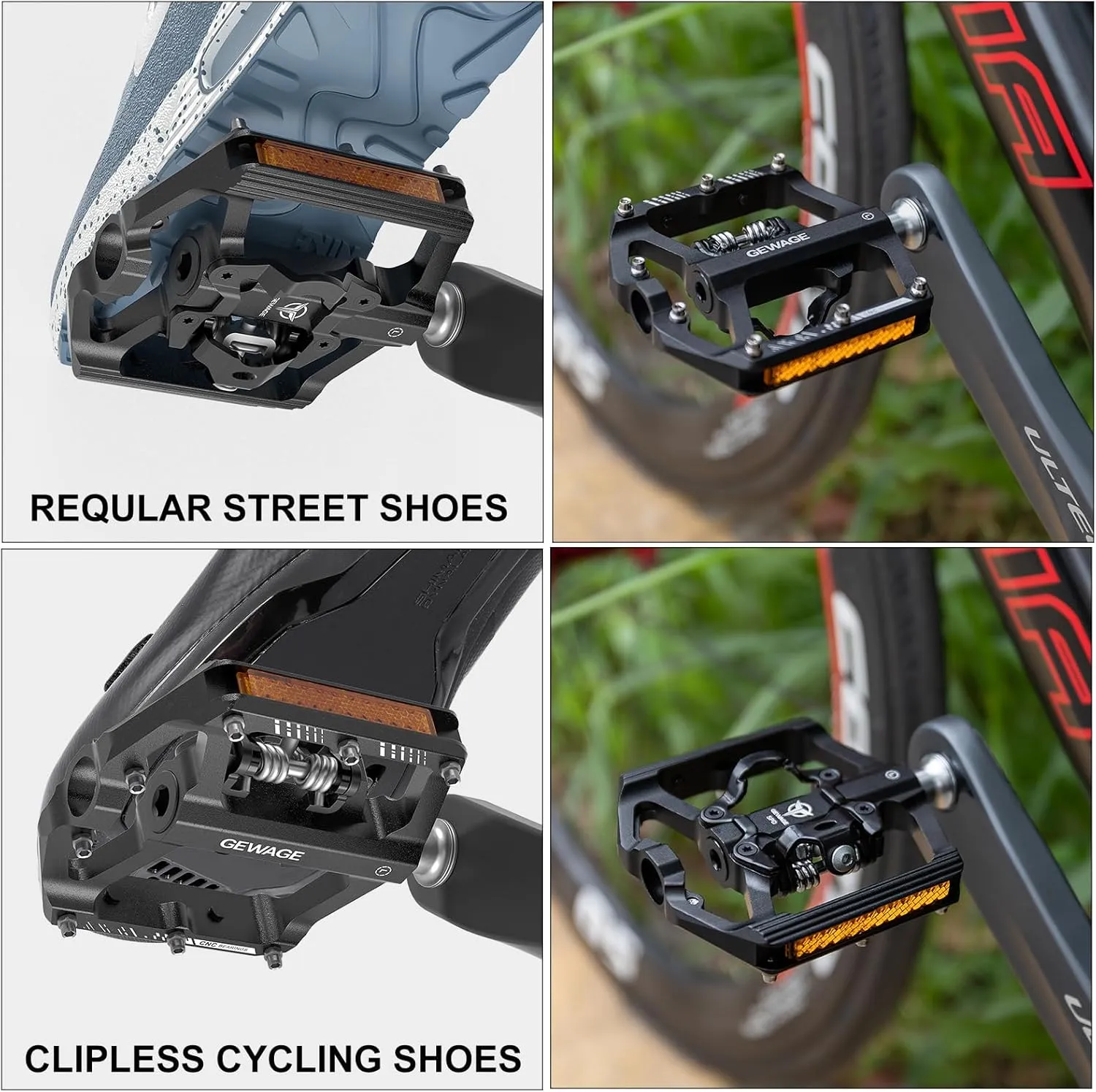 Mountain Bike Pedals with Reflector- Dual Function Plat & Clipless Pedals, Bicycle Pedal 9/16”Compatible with SPD - 3 Sealed Bearings Bicycle Platform Mountain Pedals