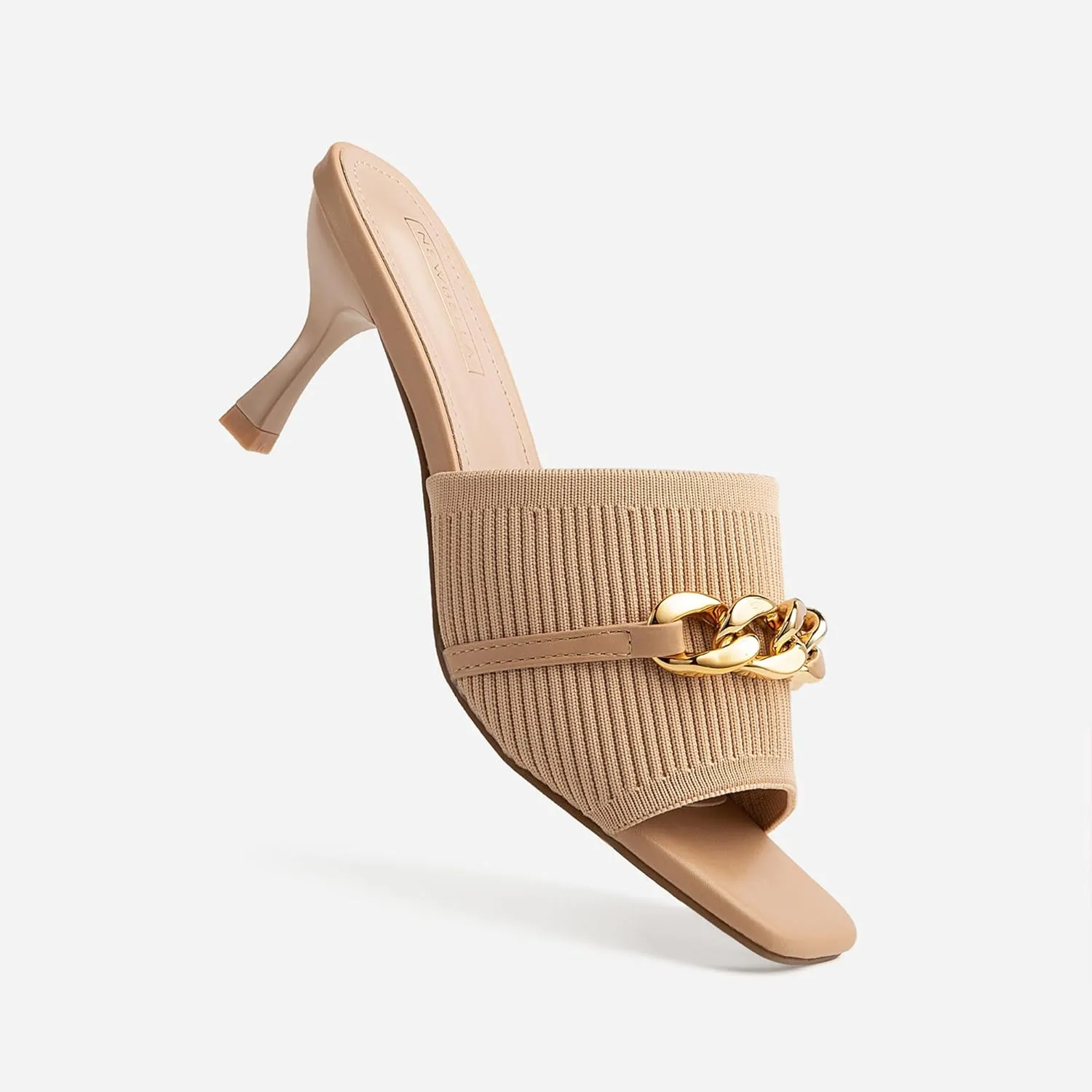MOUSSE FIT Women's Square Toe Sandals, Kitten Heel, Chain Strap, Summer Dress Shoes