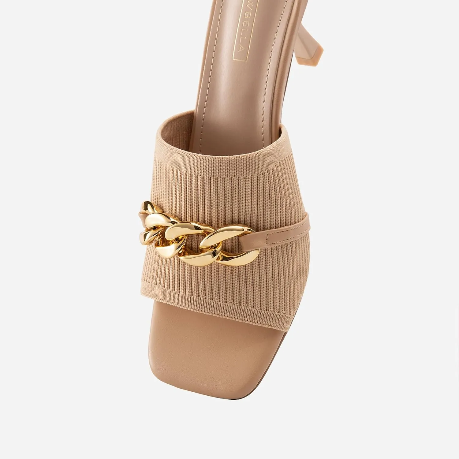 MOUSSE FIT Women's Square Toe Sandals, Kitten Heel, Chain Strap, Summer Dress Shoes