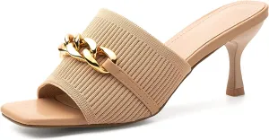 MOUSSE FIT Women's Square Toe Sandals, Kitten Heel, Chain Strap, Summer Dress Shoes