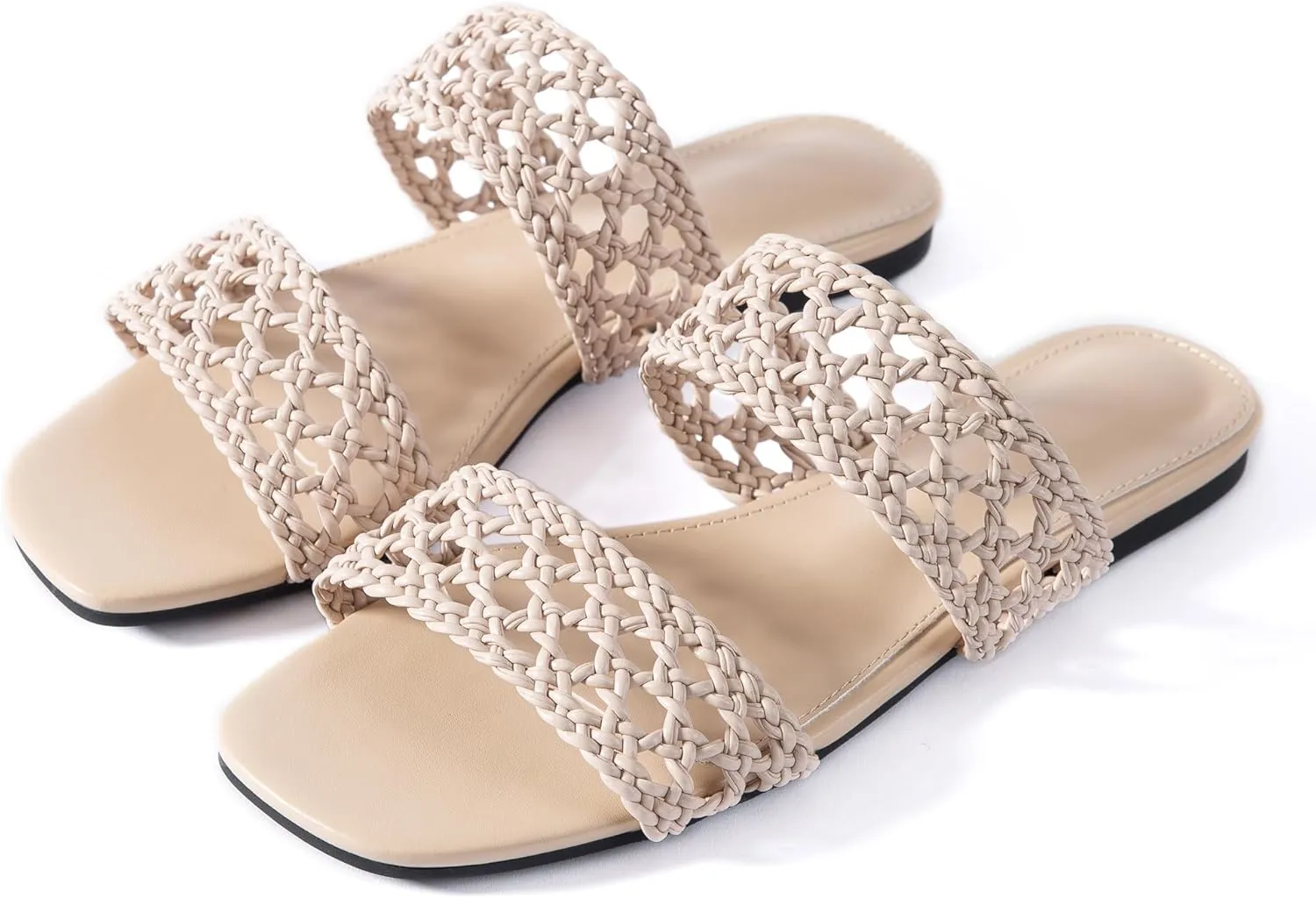 Mtzyoa Women's Sandals Casual Braided Dressy Summer Square Toe Quilted Flat Sandals