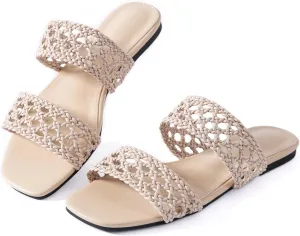 Mtzyoa Women's Sandals Casual Braided Dressy Summer Square Toe Quilted Flat Sandals