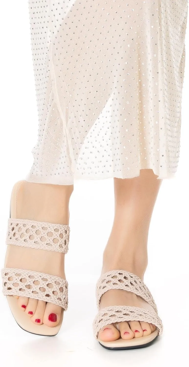 Mtzyoa Women's Sandals Casual Braided Dressy Summer Square Toe Quilted Flat Sandals