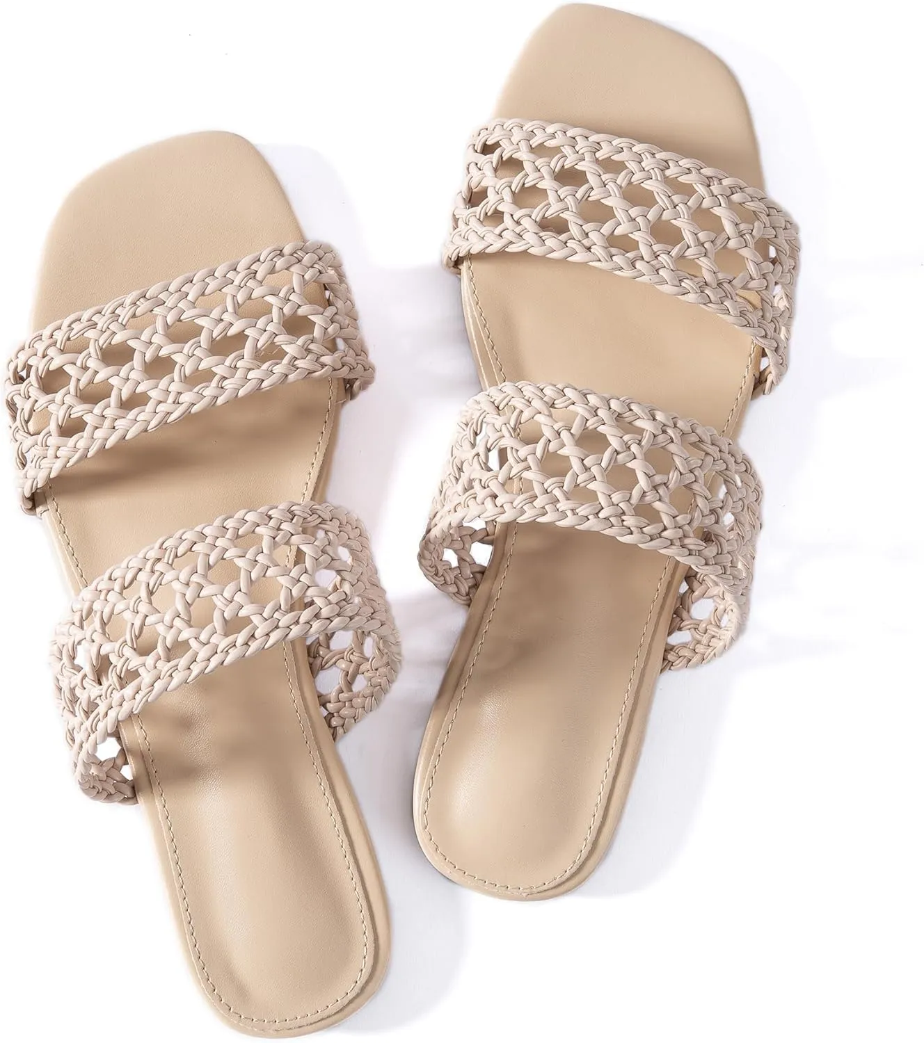 Mtzyoa Women's Sandals Casual Braided Dressy Summer Square Toe Quilted Flat Sandals