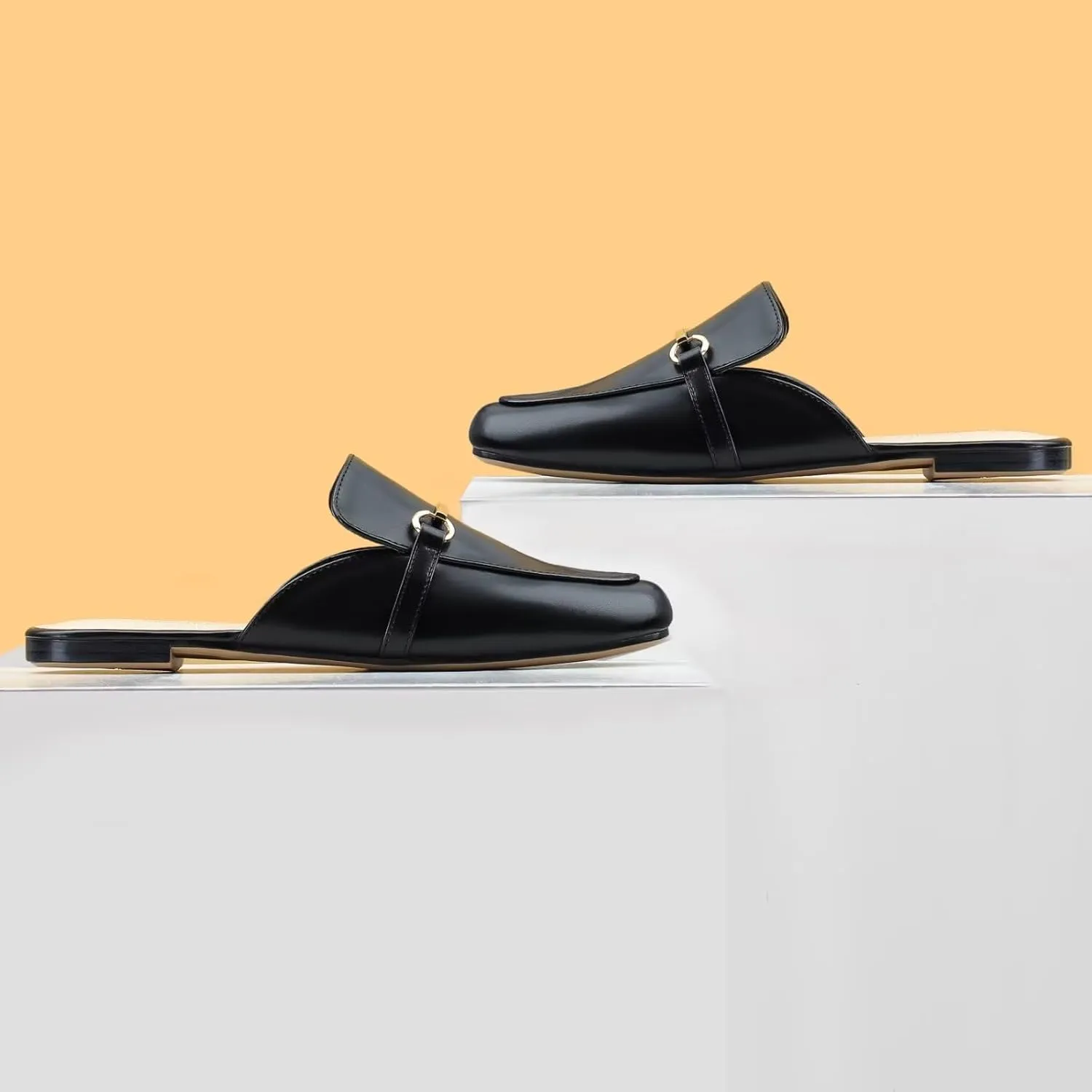MUSSHOE Mules for Woman Buckle Flats Comfortable Slip on Women Mules Flats Shoes Backless Loafers