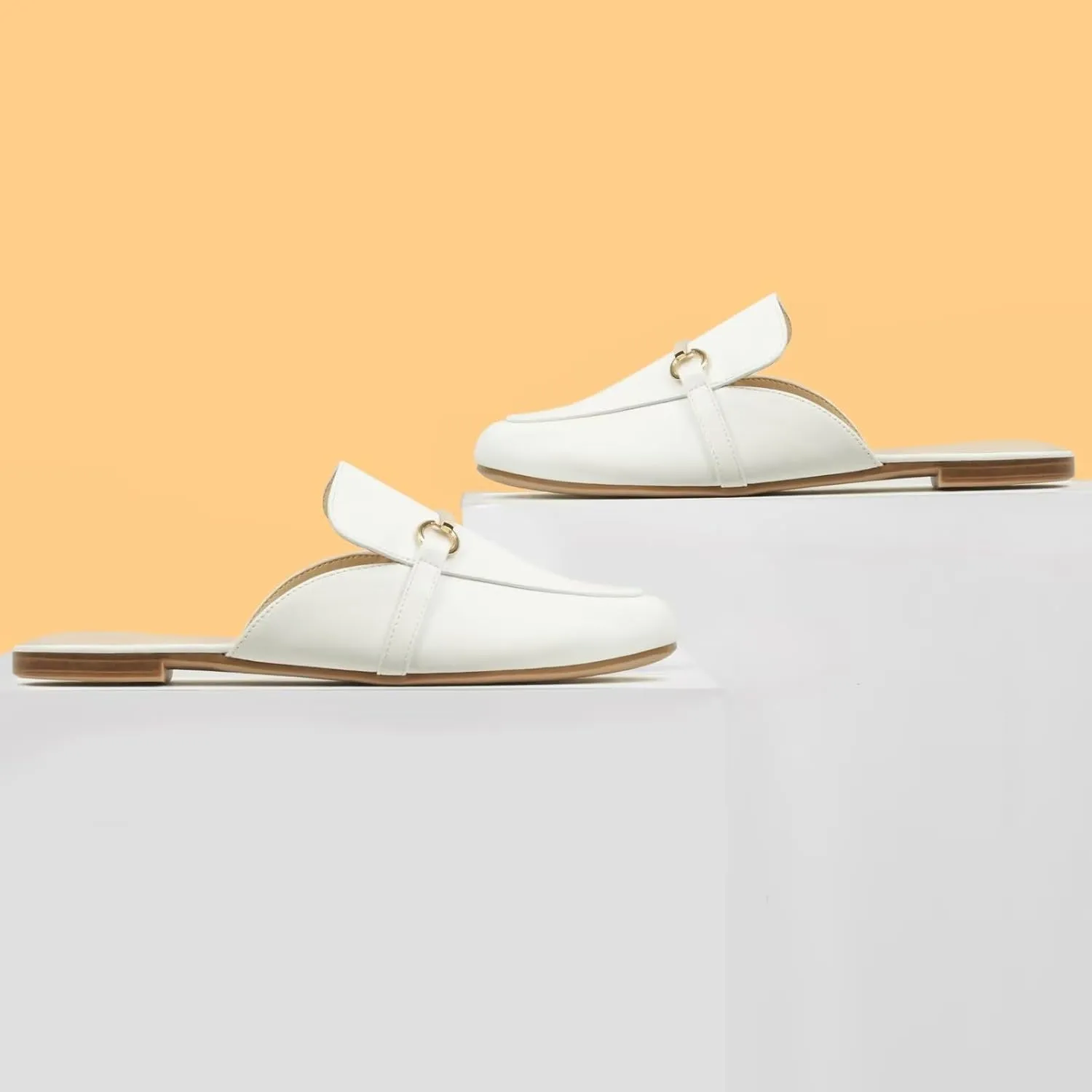 MUSSHOE Mules for Woman Buckle Flats Comfortable Slip on Women Mules Flats Shoes Backless Loafers