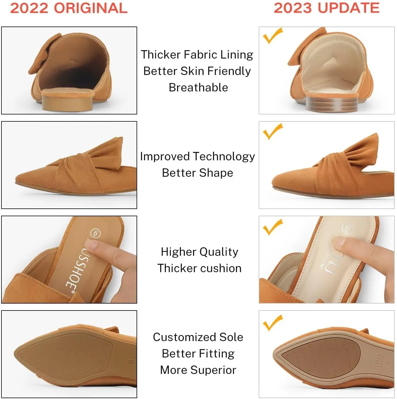 MUSSHOE Women Mules Slip On Comfortable Pointed Toe Mules for Women Flats with Knot