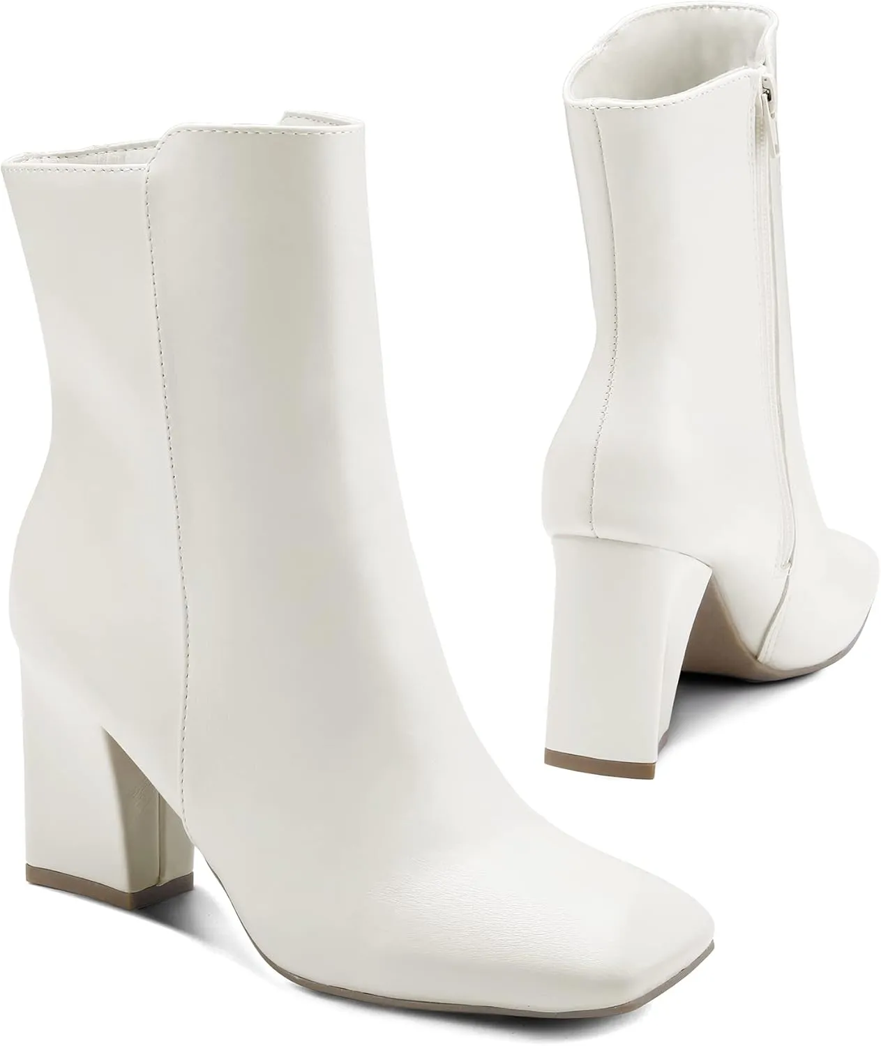 mysoft Women's Ankle Boots Square Toe Side Zipper GoGo Boots Chunky Block Heel Mid Calf Low Heeled Short Booties