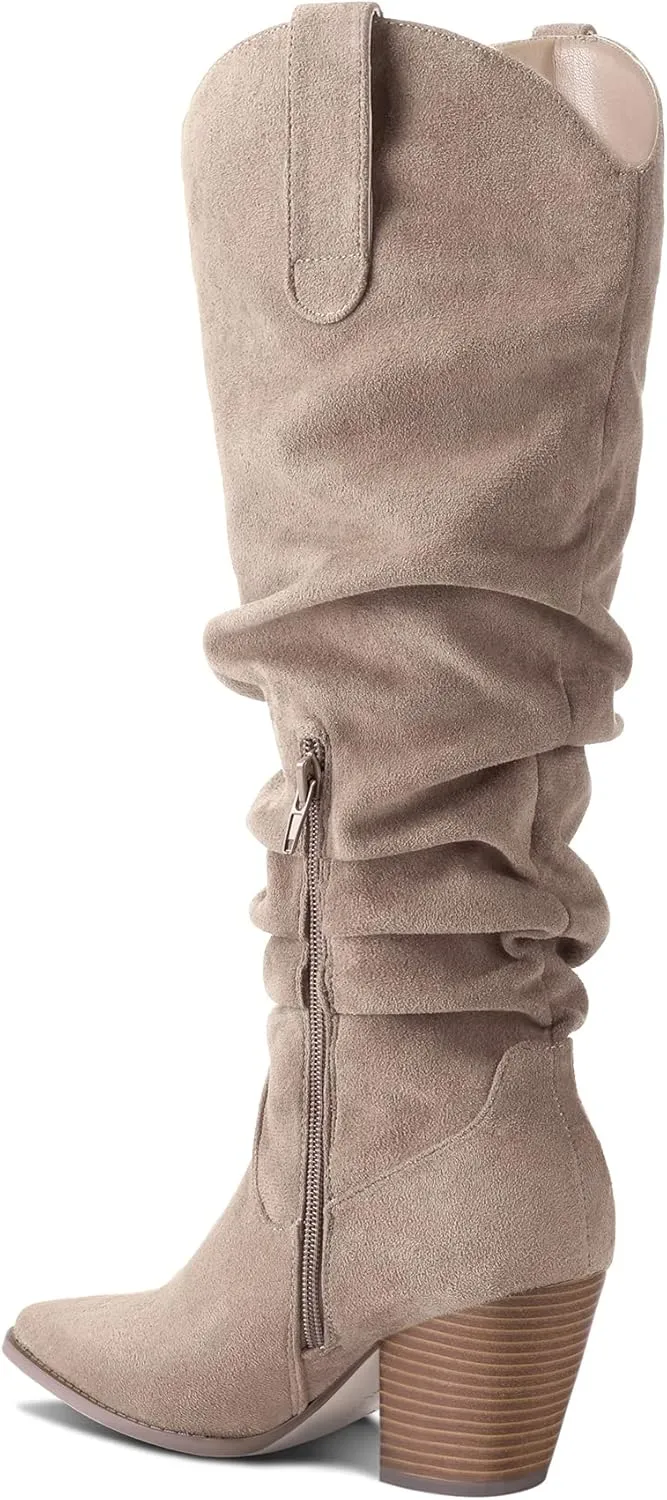 mysoft Women's Cowboy Knee-High Boots Pointed Toe Mid Chunky Heel Pull On Slouchy Boots with Zippers