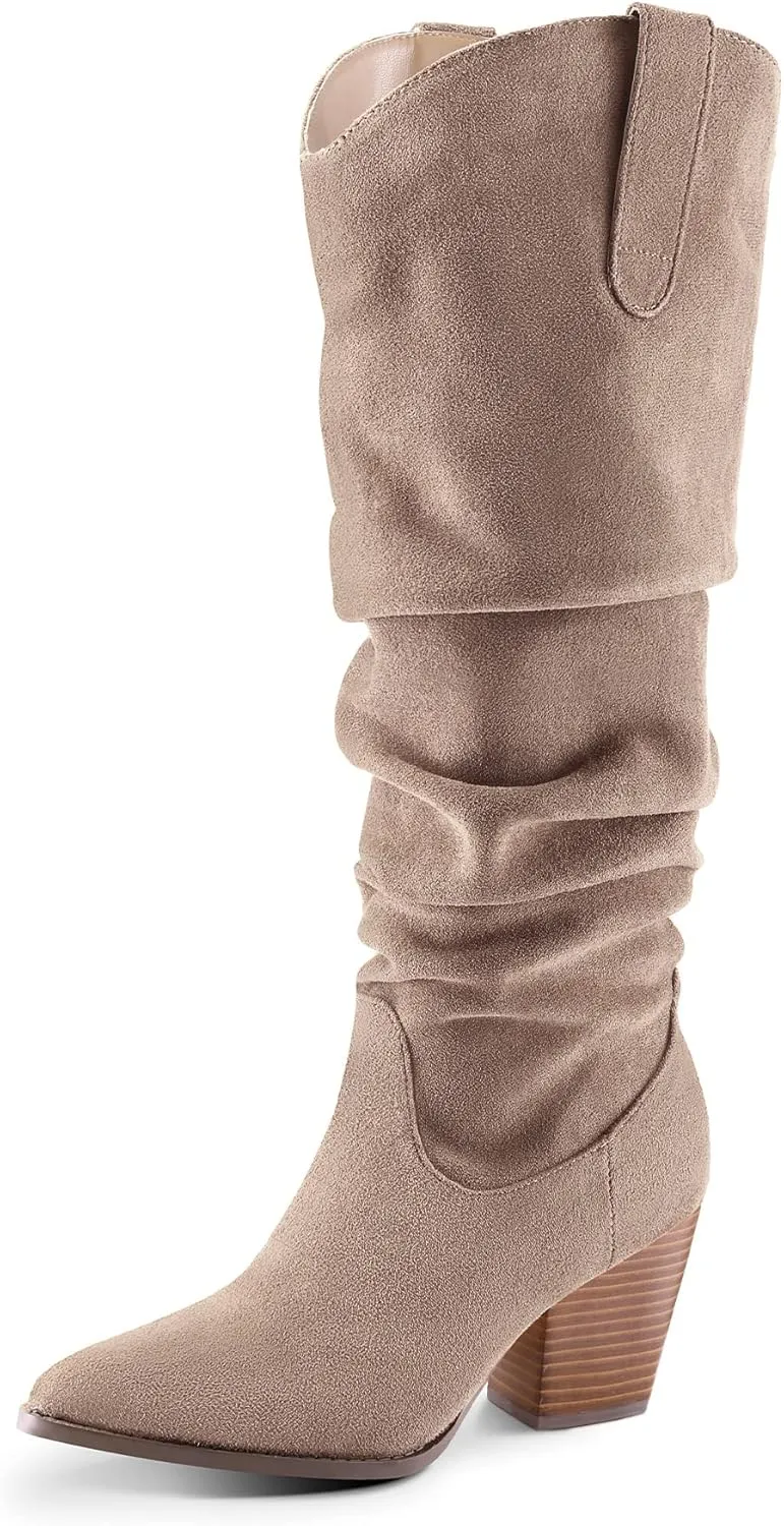 mysoft Women's Cowboy Knee-High Boots Pointed Toe Mid Chunky Heel Pull On Slouchy Boots with Zippers