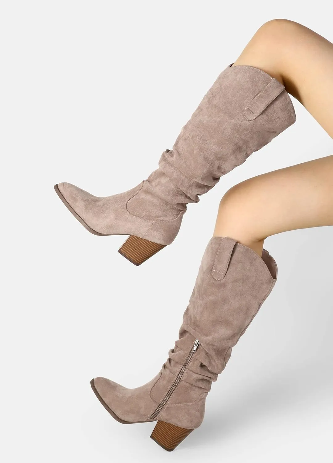 mysoft Women's Cowboy Knee-High Boots Pointed Toe Mid Chunky Heel Pull On Slouchy Boots with Zippers