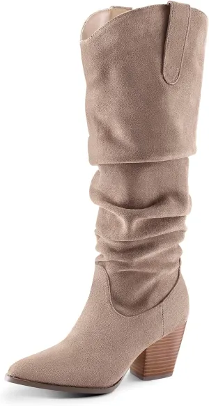 mysoft Women's Cowboy Knee-High Boots Pointed Toe Mid Chunky Heel Pull On Slouchy Boots with Zippers