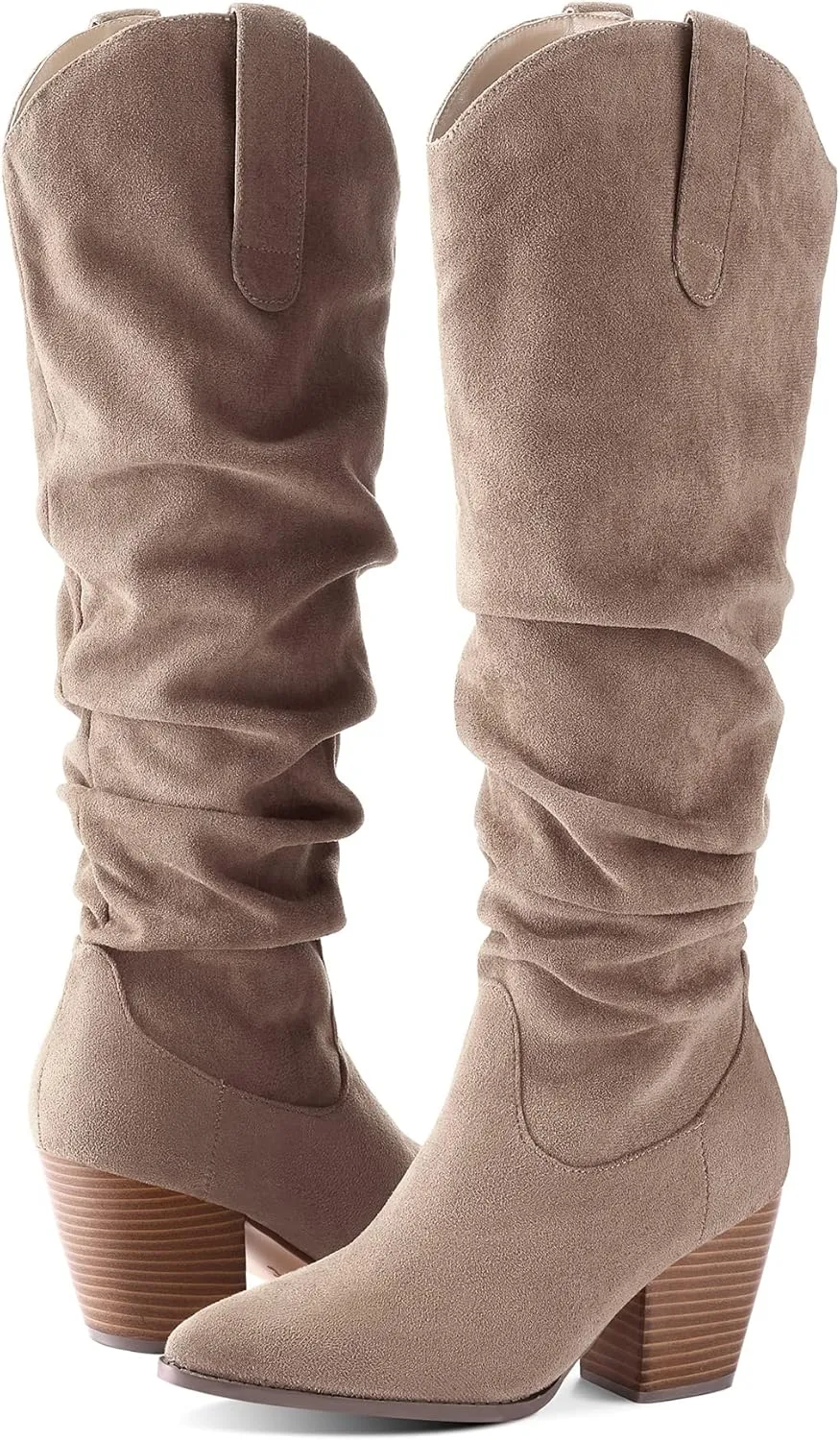 mysoft Women's Cowboy Knee-High Boots Pointed Toe Mid Chunky Heel Pull On Slouchy Boots with Zippers