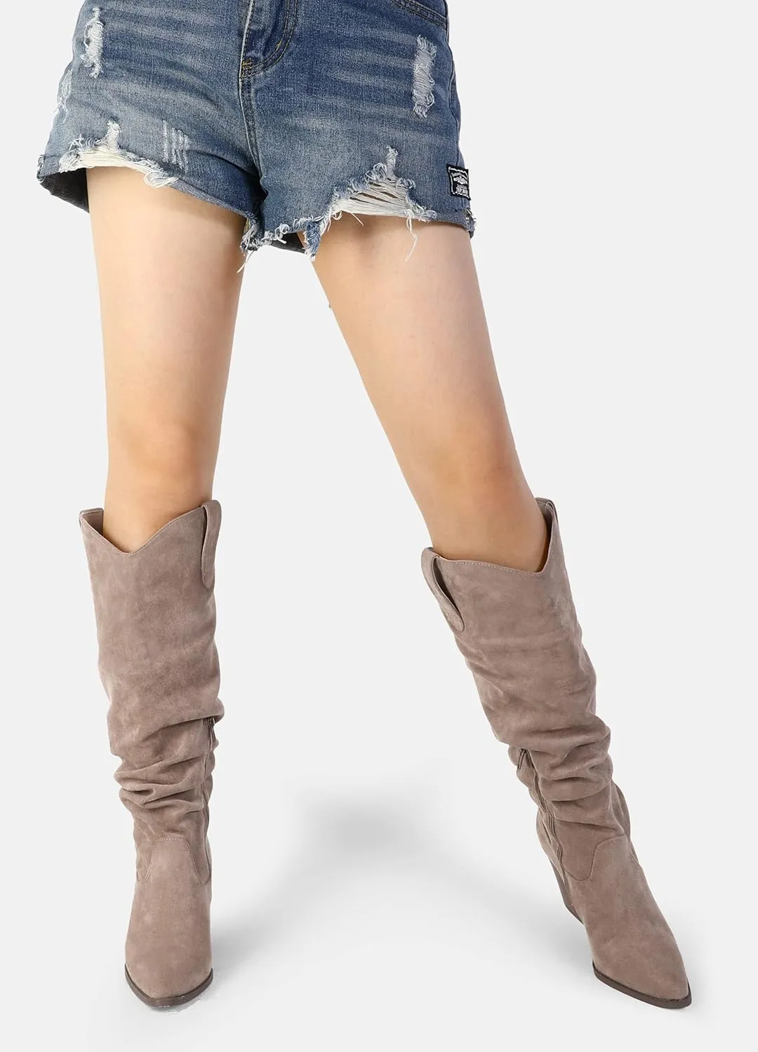 mysoft Women's Cowboy Knee-High Boots Pointed Toe Mid Chunky Heel Pull On Slouchy Boots with Zippers
