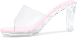 NBUUNBU Chunky Heels for Women Clear Platform Heels Sexy Block High Heels Sandals Square Toe Open Toe Transparent Strap Comfortable Dress Shoes Slip on Mules