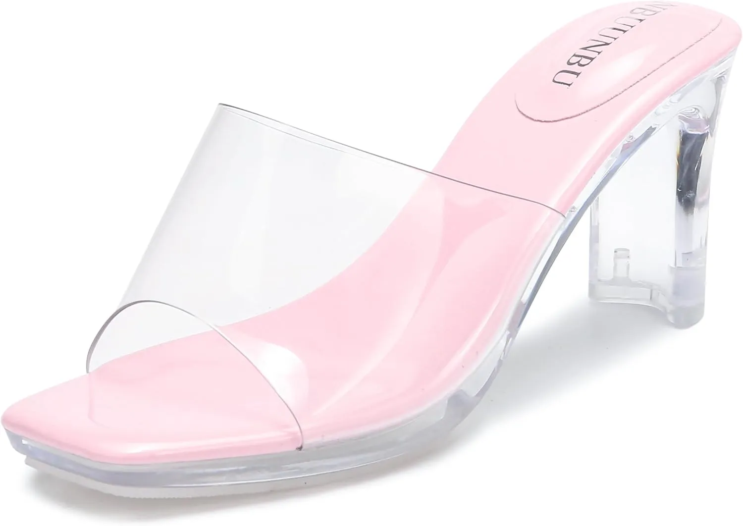 NBUUNBU Chunky Heels for Women Clear Platform Heels Sexy Block High Heels Sandals Square Toe Open Toe Transparent Strap Comfortable Dress Shoes Slip on Mules