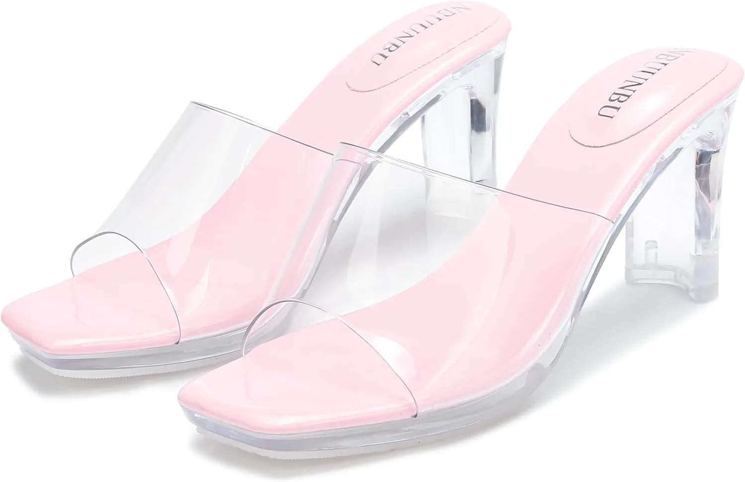 NBUUNBU Chunky Heels for Women Clear Platform Heels Sexy Block High Heels Sandals Square Toe Open Toe Transparent Strap Comfortable Dress Shoes Slip on Mules