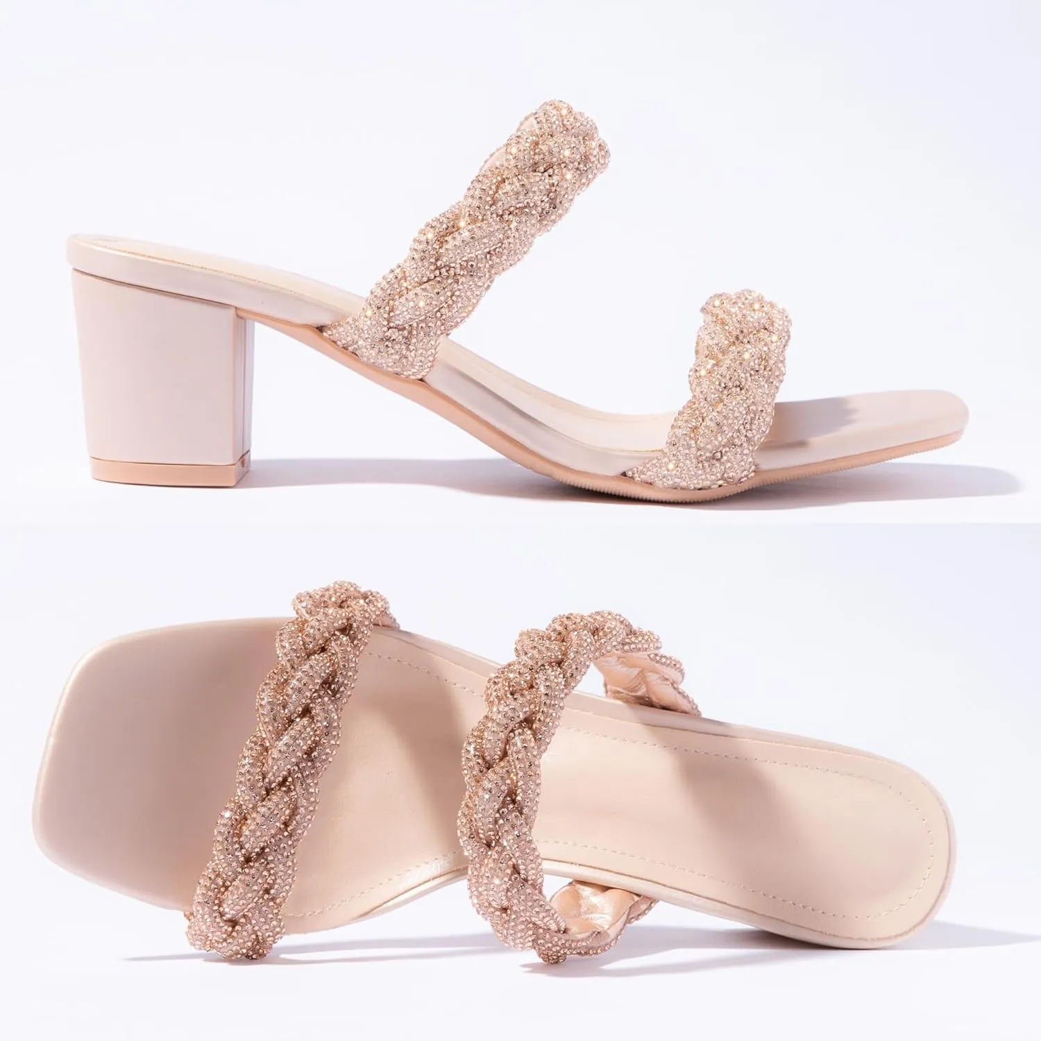 N.N.G Women Heels Sandals Braided Block Nude Summer Chunky Square Leather Woven Comfort Strappy Dress Casual Pumps Mules
