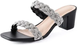 N.N.G Women Heels Sandals Braided Block Nude Summer Chunky Square Leather Woven Comfort Strappy Dress Casual Pumps Mules