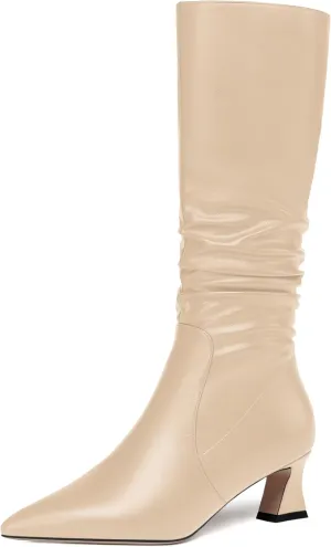 NUMALEO Womens Matte Zip Casual Bridal Fashion Pointed Toe Chunky High Heel Knee High Boots 2 Inch