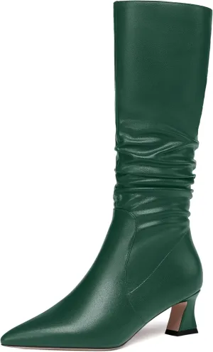 NUMALEO Womens Matte Zip Casual Bridal Fashion Pointed Toe Chunky High Heel Knee High Boots 2 Inch
