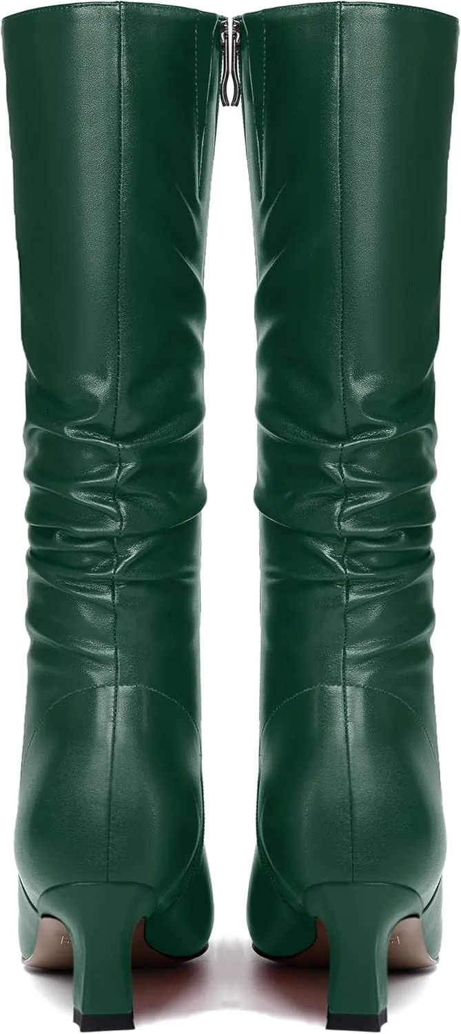 NUMALEO Womens Matte Zip Casual Bridal Fashion Pointed Toe Chunky High Heel Knee High Boots 2 Inch