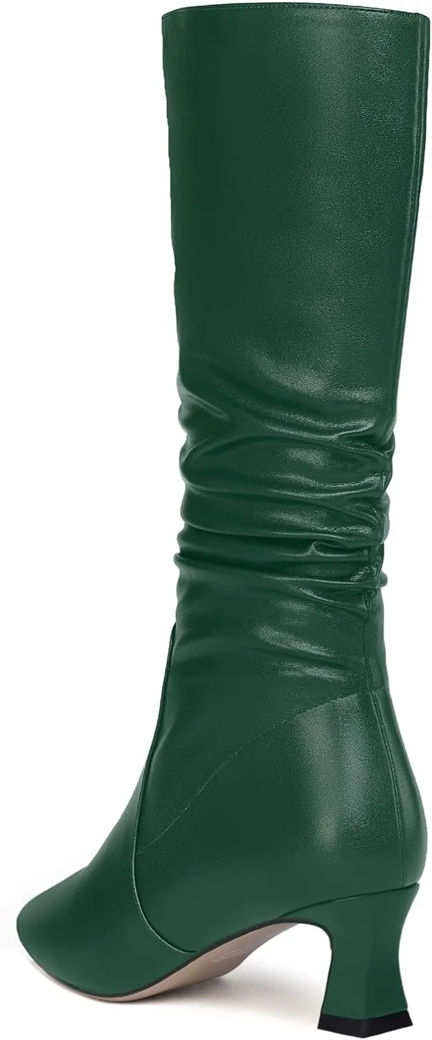 NUMALEO Womens Matte Zip Casual Bridal Fashion Pointed Toe Chunky High Heel Knee High Boots 2 Inch