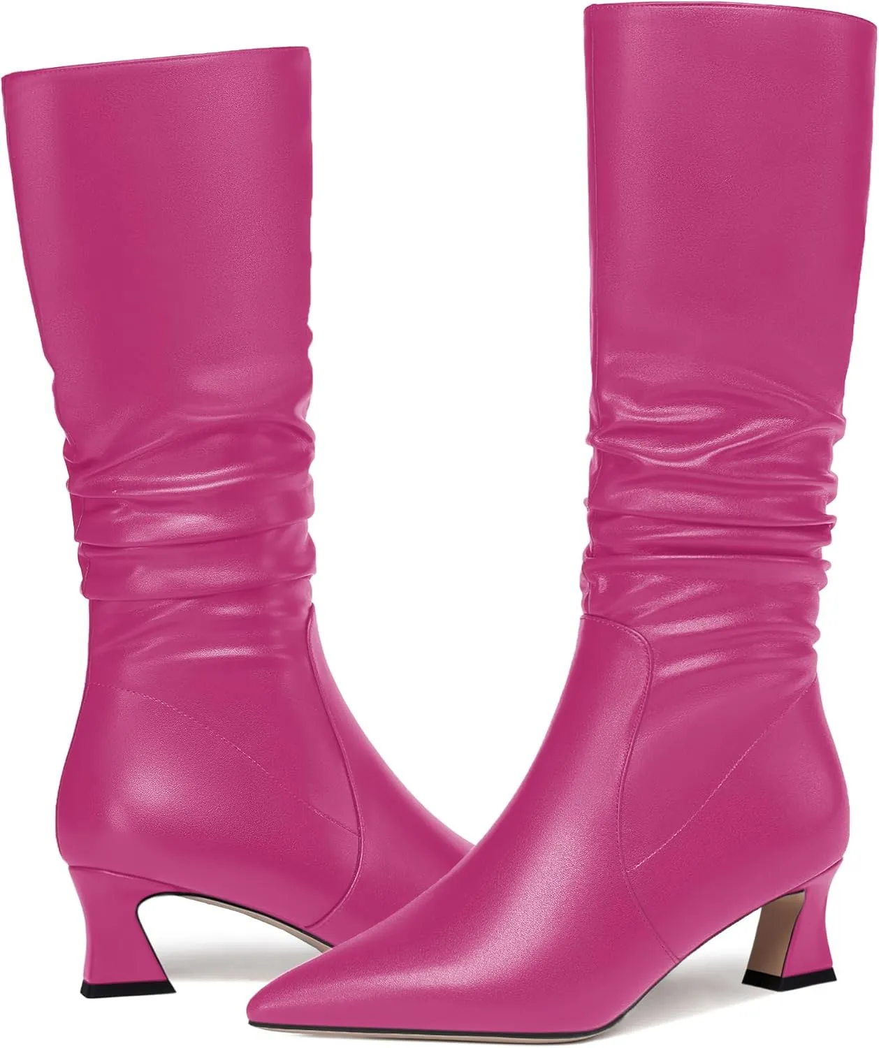 NUMALEO Womens Matte Zip Casual Bridal Fashion Pointed Toe Chunky High Heel Knee High Boots 2 Inch