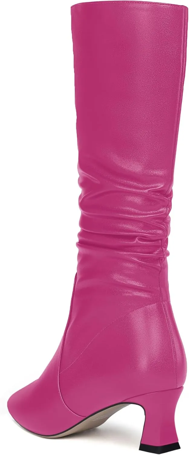 NUMALEO Womens Matte Zip Casual Bridal Fashion Pointed Toe Chunky High Heel Knee High Boots 2 Inch