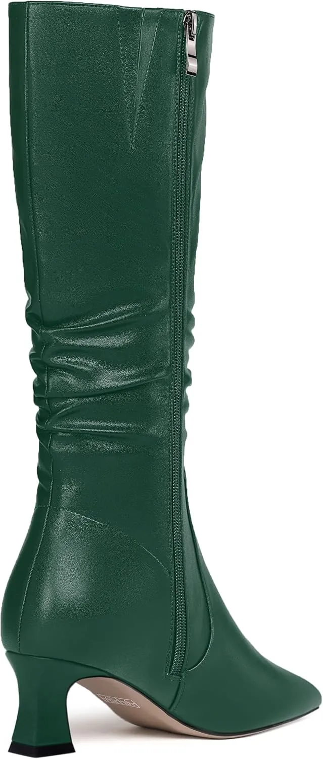 NUMALEO Womens Matte Zip Casual Bridal Fashion Pointed Toe Chunky High Heel Knee High Boots 2 Inch