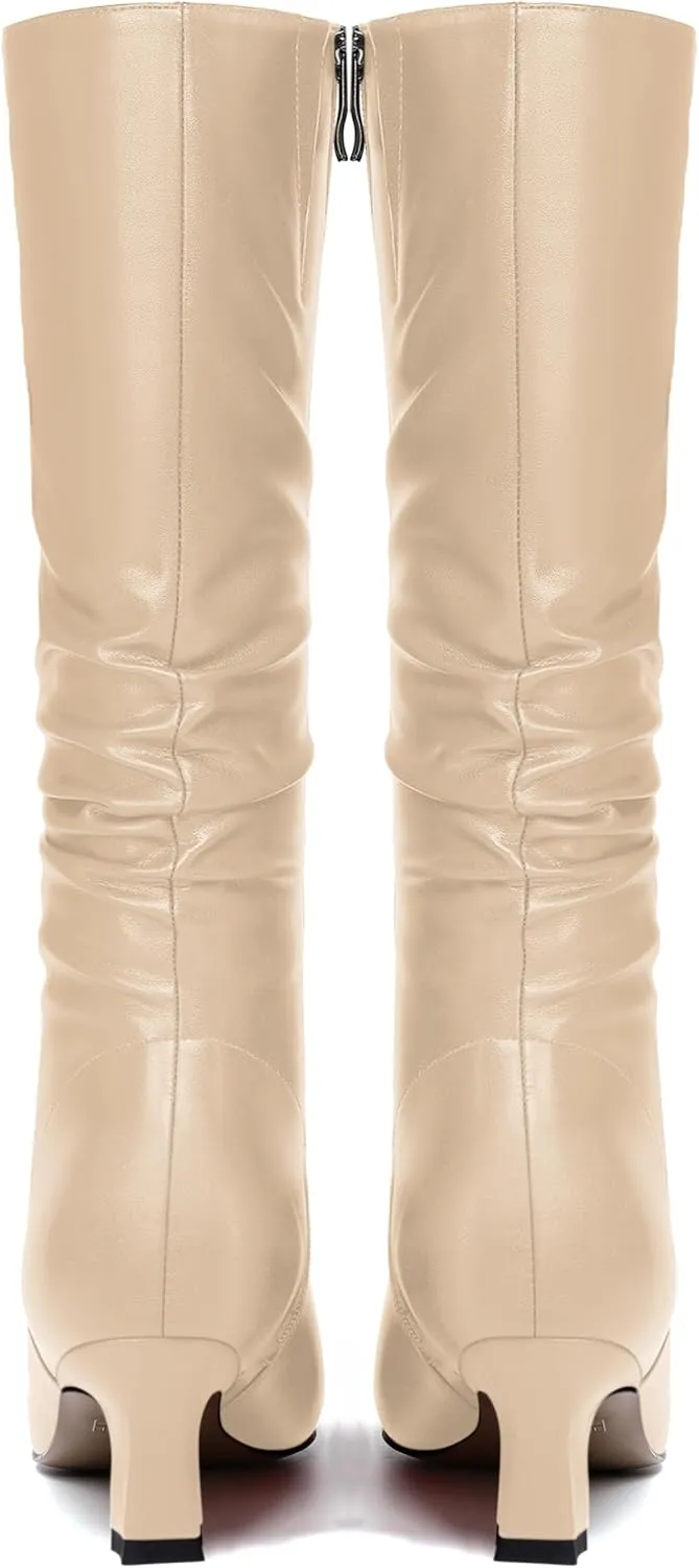 NUMALEO Womens Matte Zip Casual Bridal Fashion Pointed Toe Chunky High Heel Knee High Boots 2 Inch