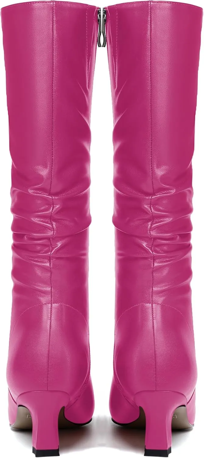 NUMALEO Womens Matte Zip Casual Bridal Fashion Pointed Toe Chunky High Heel Knee High Boots 2 Inch