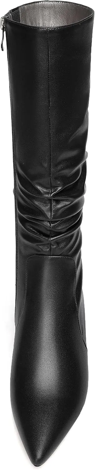 NUMALEO Womens Matte Zip Casual Bridal Fashion Pointed Toe Chunky High Heel Knee High Boots 2 Inch