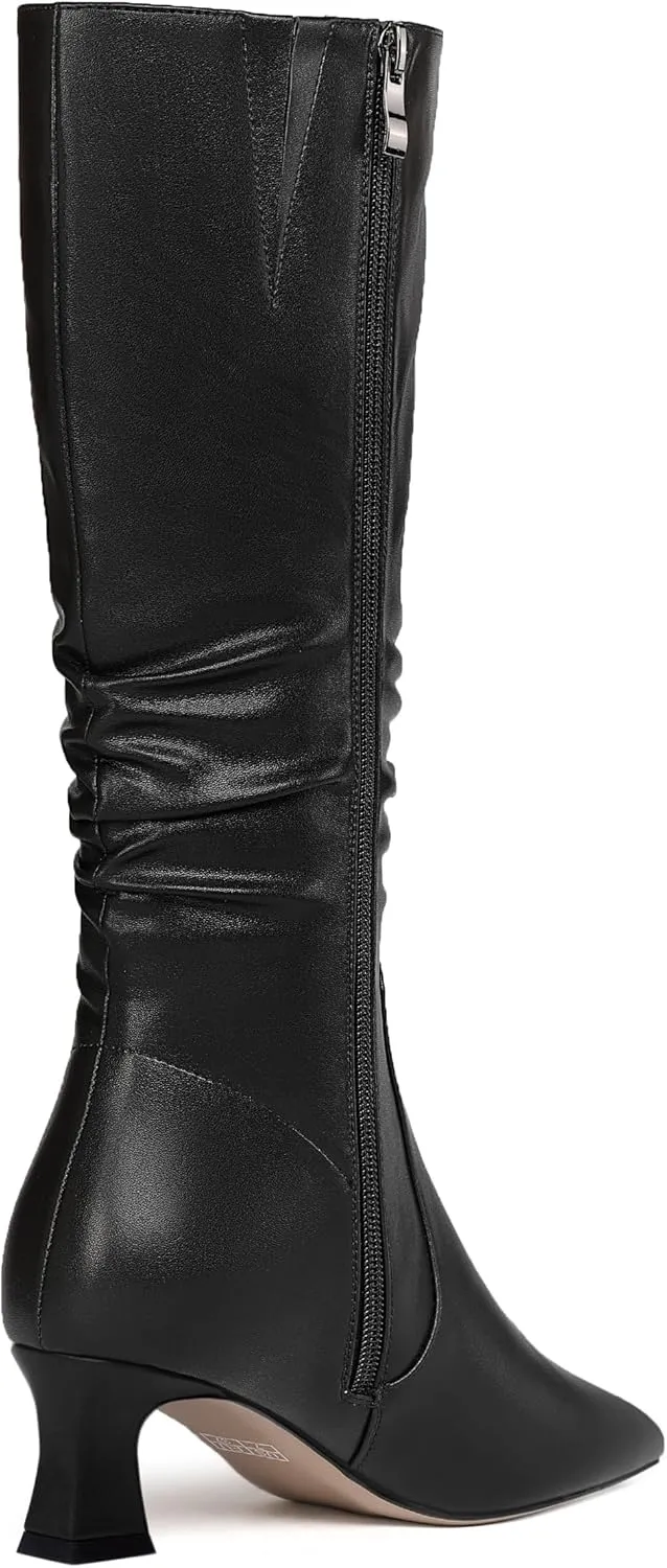 NUMALEO Womens Matte Zip Casual Bridal Fashion Pointed Toe Chunky High Heel Knee High Boots 2 Inch