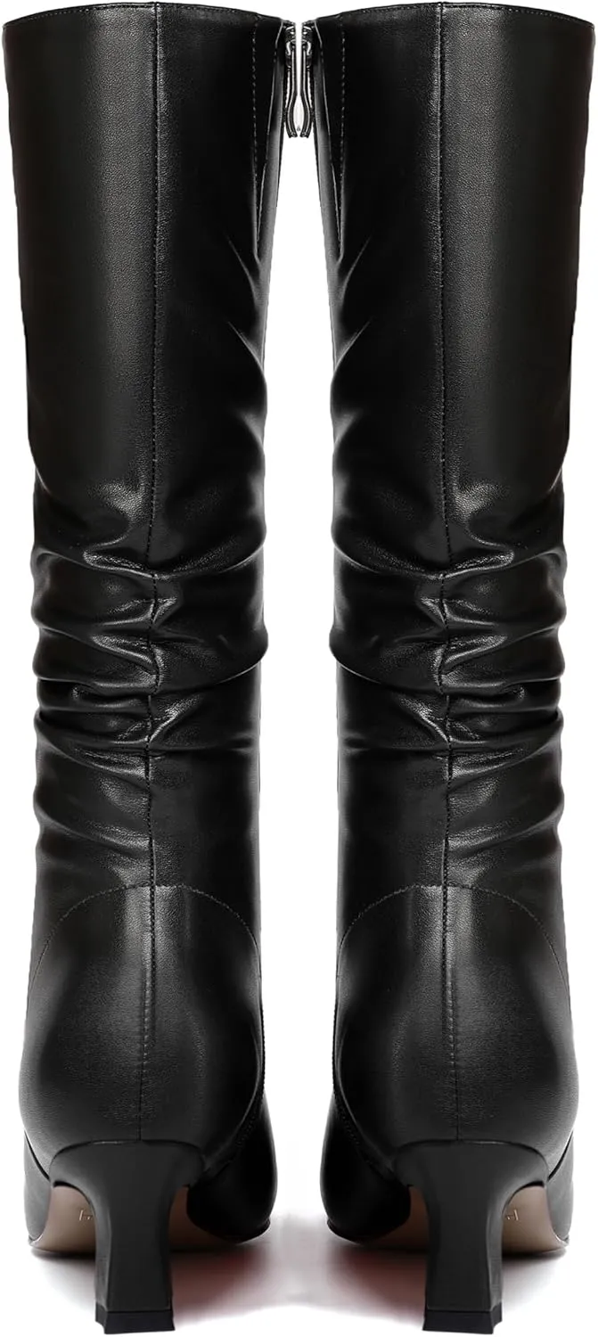 NUMALEO Womens Matte Zip Casual Bridal Fashion Pointed Toe Chunky High Heel Knee High Boots 2 Inch